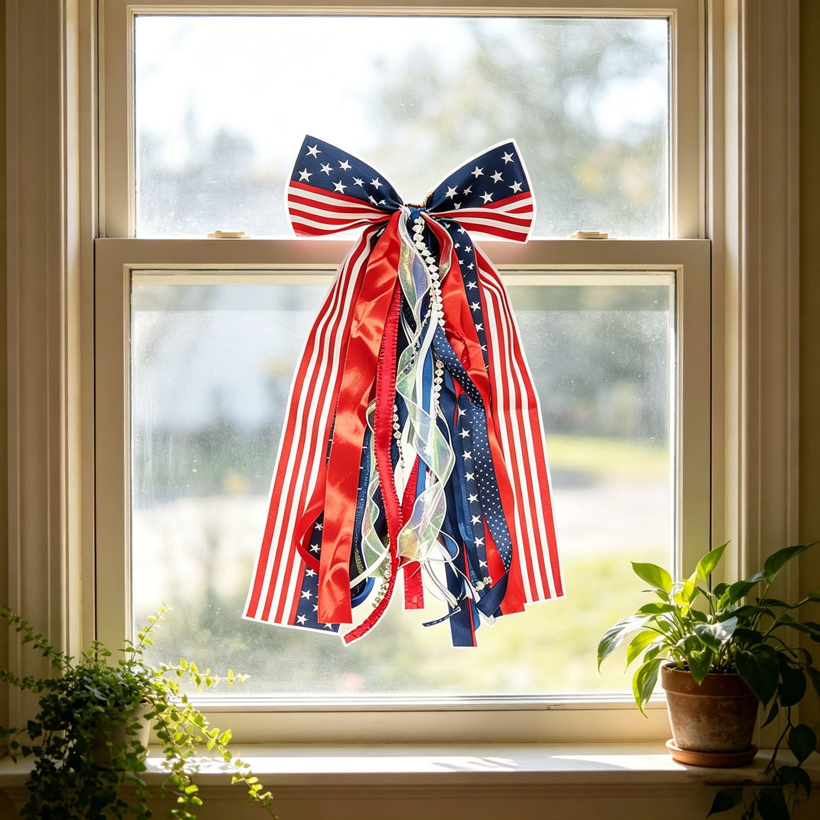Red White Blue Patriotic Wreath Sash for Front Door, Assorted Ribbon Bundle with Star Charm, 4th of July Clip On Bow for Memorial Day Independence Day Decor Indoor Outdoor 2 Pcs