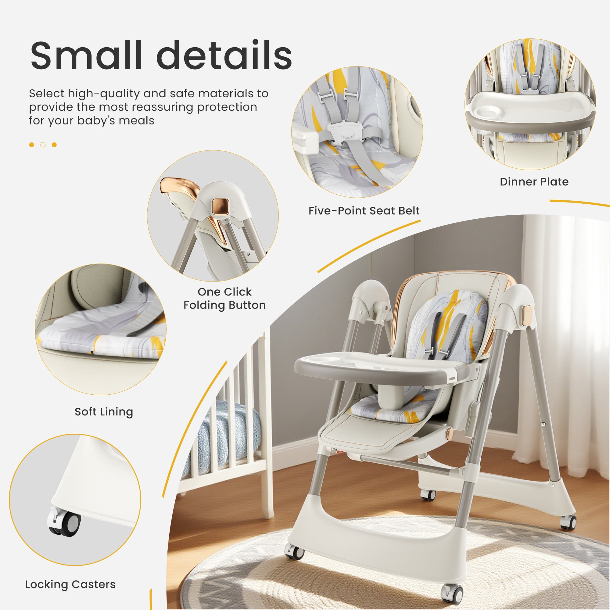 TouHeart 6-in-1 Baby High Chair and Baby Swing Combo, Convertible Highchair for Infants Toddlers, with 6 Heights, 4 Recline, Foldable with Wheels，Beige