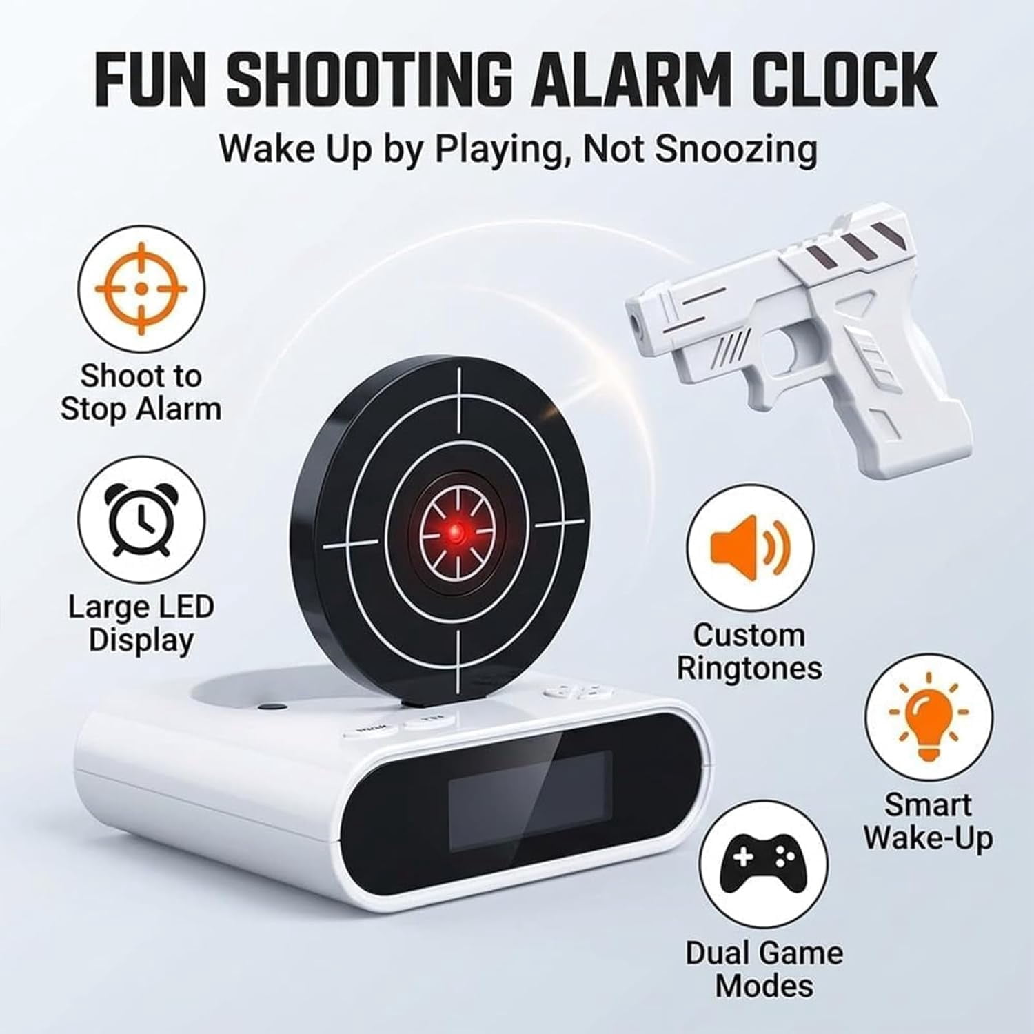 Alarm Clock with Gun, Interactive Shooting Game, Large LED Display, Custom Ringtones & 2 Alarm Modes, Fun Shot Timer Clock for Heavy Sleepers, Bedroom Home Office (#B)