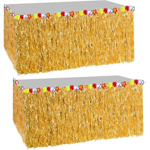 2 Pack Luau Grass Table Skirt 9 Ft with Hibiscus, Reusable - for Jungle Party Decorations, Tropical Beach Tiki Moana Birthday Party Decor Supplies Accessories by 4E's Novelty