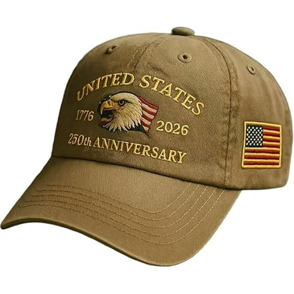 United States 250th Anniversary Hat, Adjustable 250 Year American Anniversary Cap with an embroidered patch