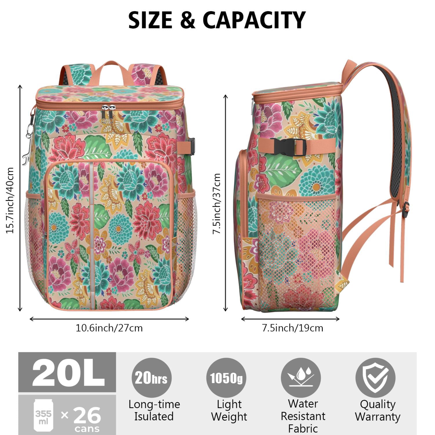 Travel Cooler Bag - Pioneer Flower Floral Print Pattern Camping Beer Cooler Backpack with Bottle Opener- Waterproof Insulated Picnic Backpacks - Cooler Bag for Beach
