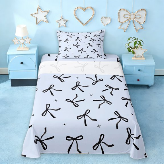 Erosebridal Dreamy Princess Bowknot Twin Sheet Sets,Black Bowtie Ribbon Bedding For Kids 3-Piece