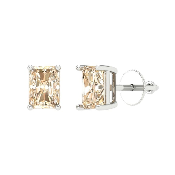 2 ct Screw-Back Stud Earrings for Women | 7x5mm Emerald Cut Natural Morganite | 18K White Gold