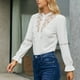 thumbnail image 2 of Blusa blanca de manga larga con detalle calado, estilo botonadura sencilla, talla L Blusa de encaje con volantes estilo retro, 2 of 6