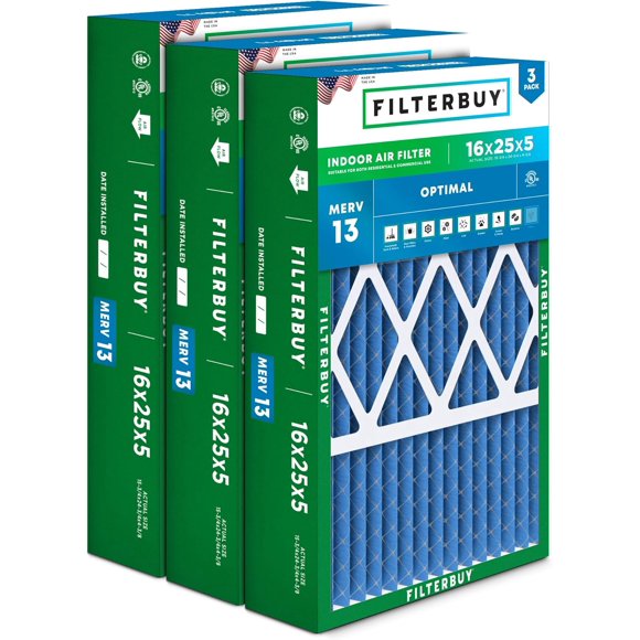 Filterbuy 16x25x5 MERV 13 (MPR 1900) Health Defense, Pleated HVAC AC Furnace Air Filters for Honeywell FC100A1029, Lennox X6670, Carrier, & More (3-Pack)