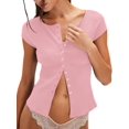 thumbnail image 1 of Tops Yousify para mujer, manga corta, punto acanalado de verano, rosa, 1 of 5
