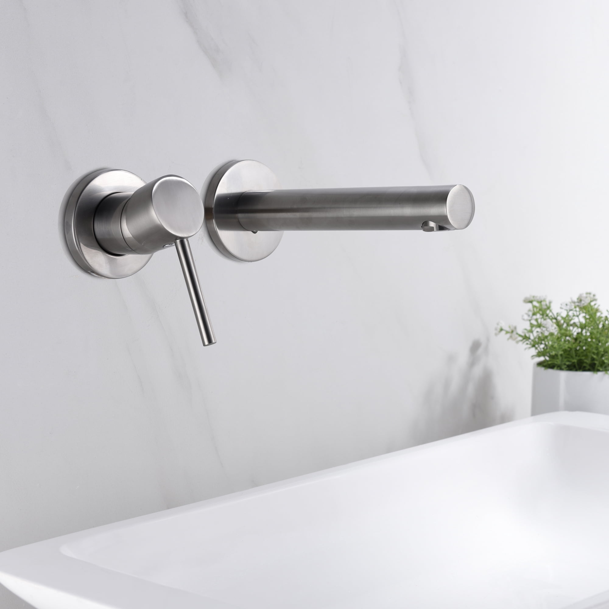 sumerain Single Handle Left-Handed Wall Mount Bathroom Faucet Brushed Nickel Lavatory Basin Faucet
