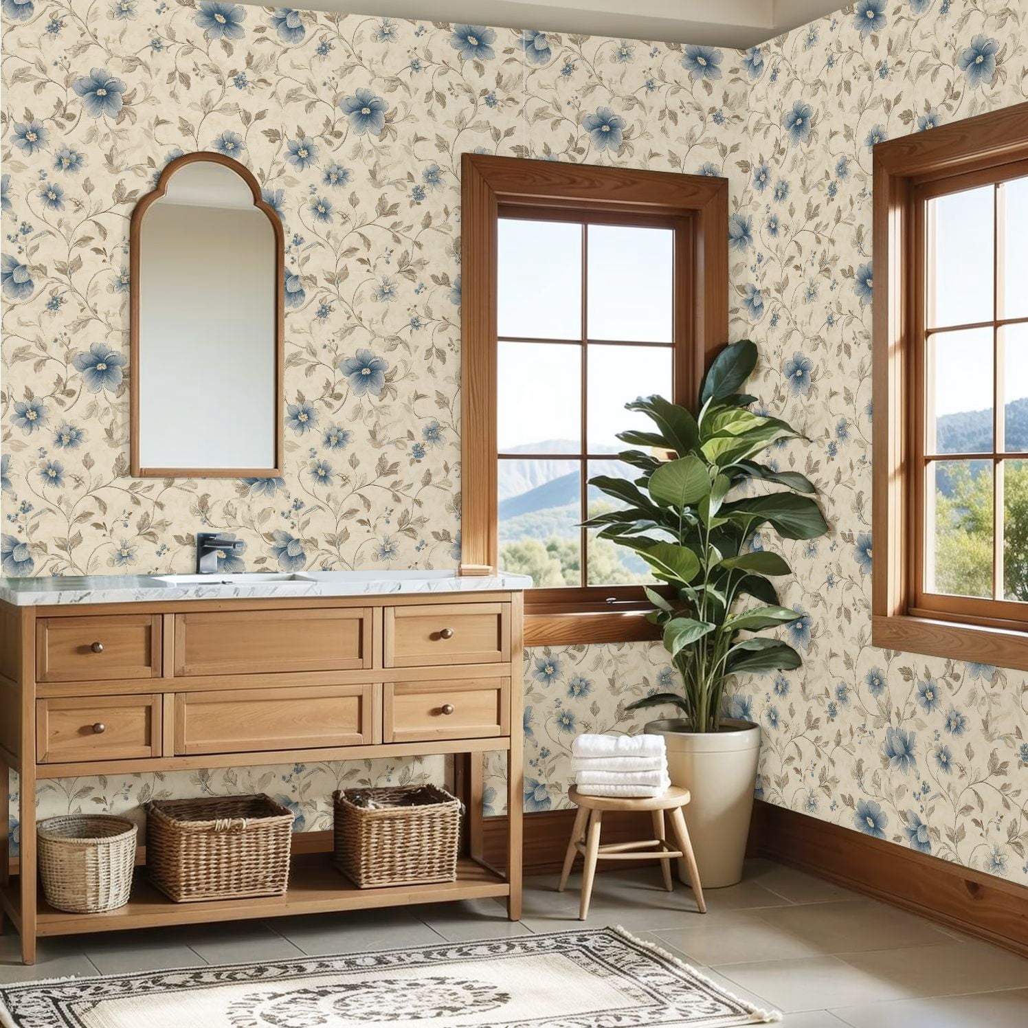 Peel and Stick Wallpaper 23.6in x 9.8ft Vintage Floral Soft Blue Beige Flowers Light Contact Paper Vinyl Waterproof Self Adhesive Wall Paper for Bedroom Shelf Cabinet Renter Friendly