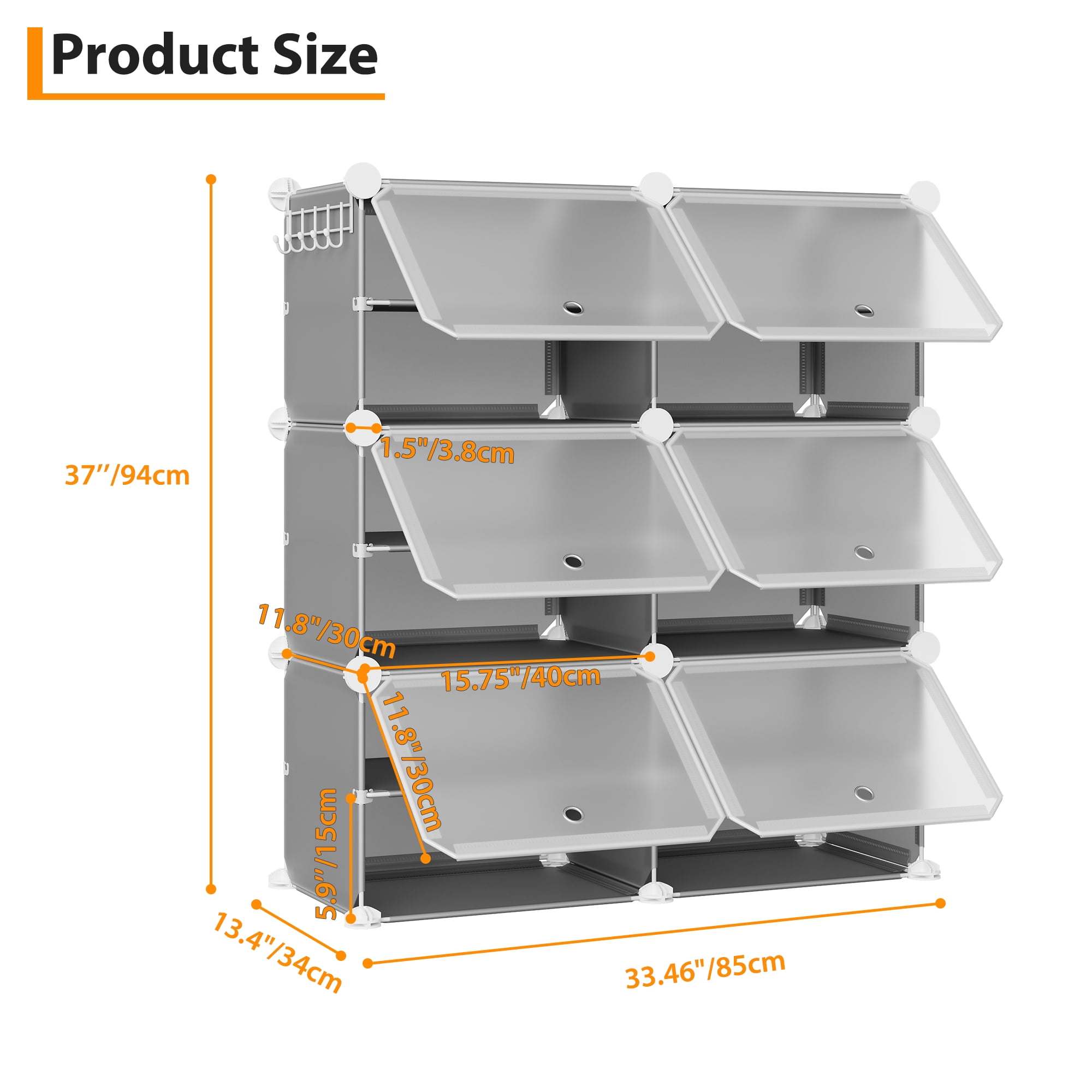 Modular 6-Cube Shoe Storage Cabinet with Doors – 6-Tier Plastic Shoe Organizer – Space-Saving – Easy DIY Assembly – for Entryway, Bedroom, Living Room – Gray