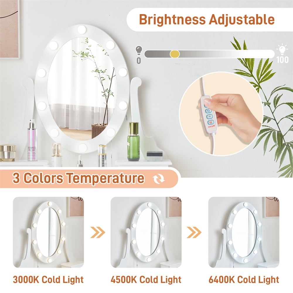 Ktaxon Makeup Vanity Table with 3 Color Lights, 5 Drawers Makeup Dressing Desk with USB Charging Station, Bedroom Vanities Set, White