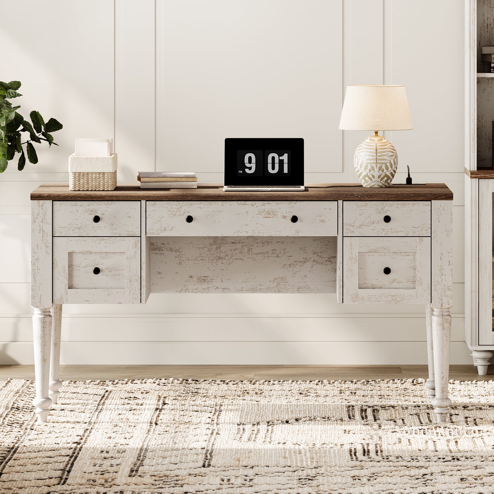 WAMAPT Farmhouse Executive Desk with 5 Drawers, Home Office Desk with Charging Station, Wooden Computer Desk with File Cabinet Storage, Door, Open Shelf for Work and Study, Rustic White, 55 inch