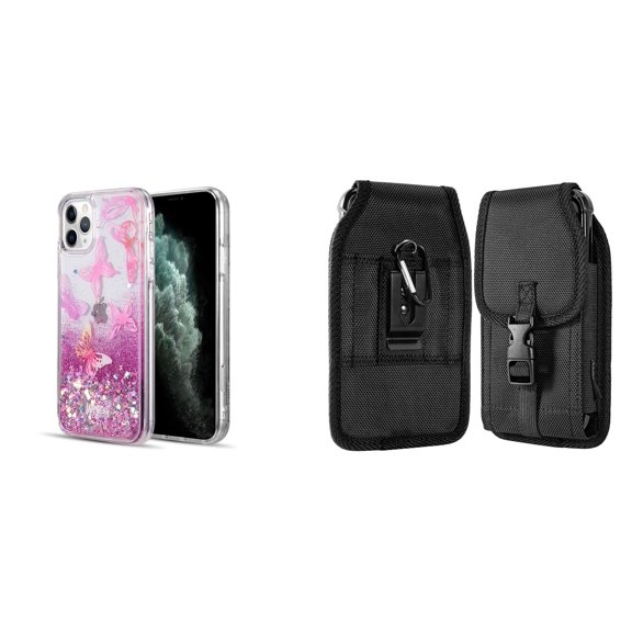 Liquid Glitter Case for iPhone 14 Pro and Belt Holster Pouch - Pink Butterfly