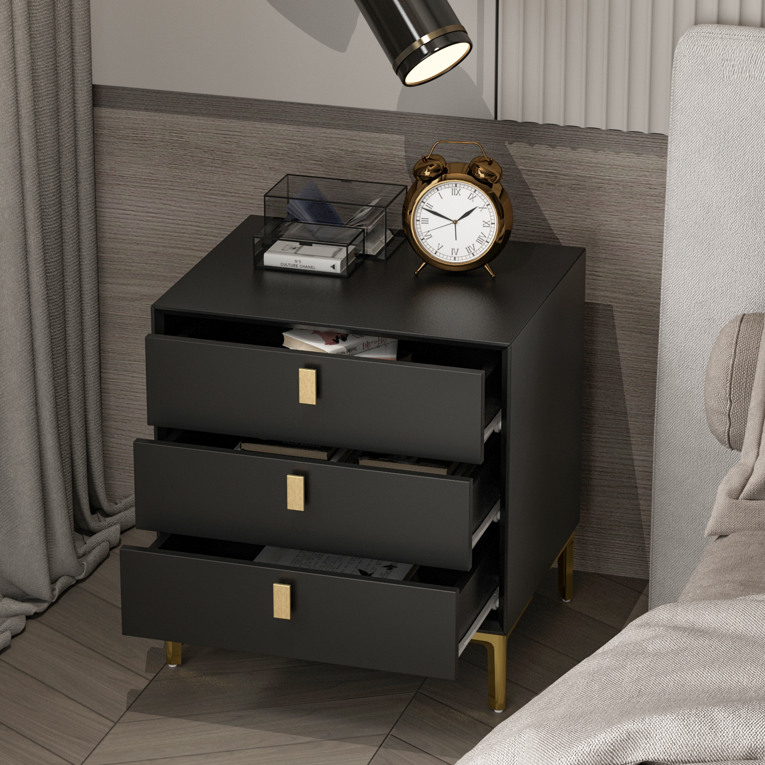 MONSLIPA Nightstand End Table with 3 Drawers, Black Bedside Table with Gold Metal Legs for Bedroom and Living Room