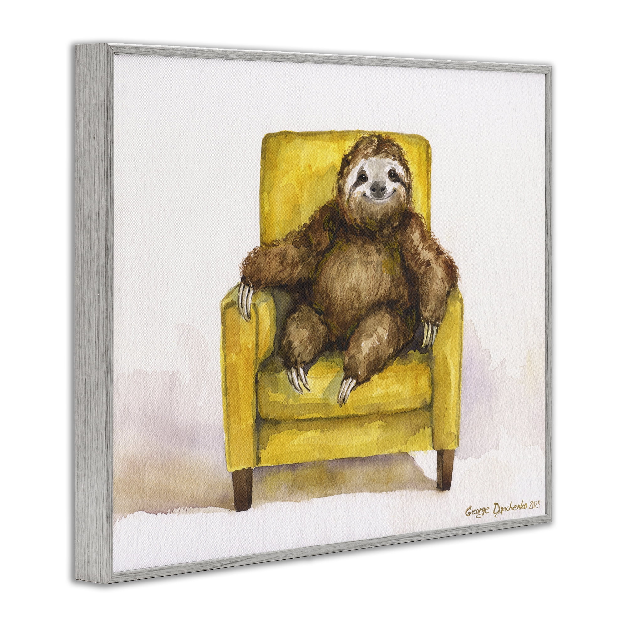 Stupell Industries Happy Sloth Relaxing on Armchair Gray Framed Giclee Art, design by George Dyachenko