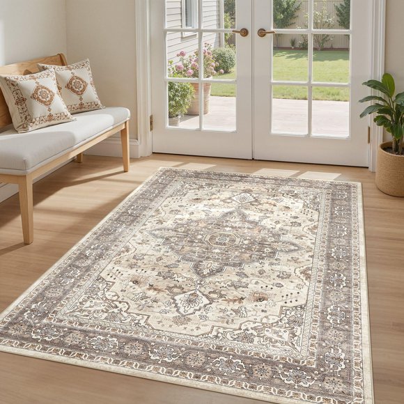 Alfombra Loongrug, lavable, de 4 x 6 pies, estilo bohemio vintage, resistente a las manchas
