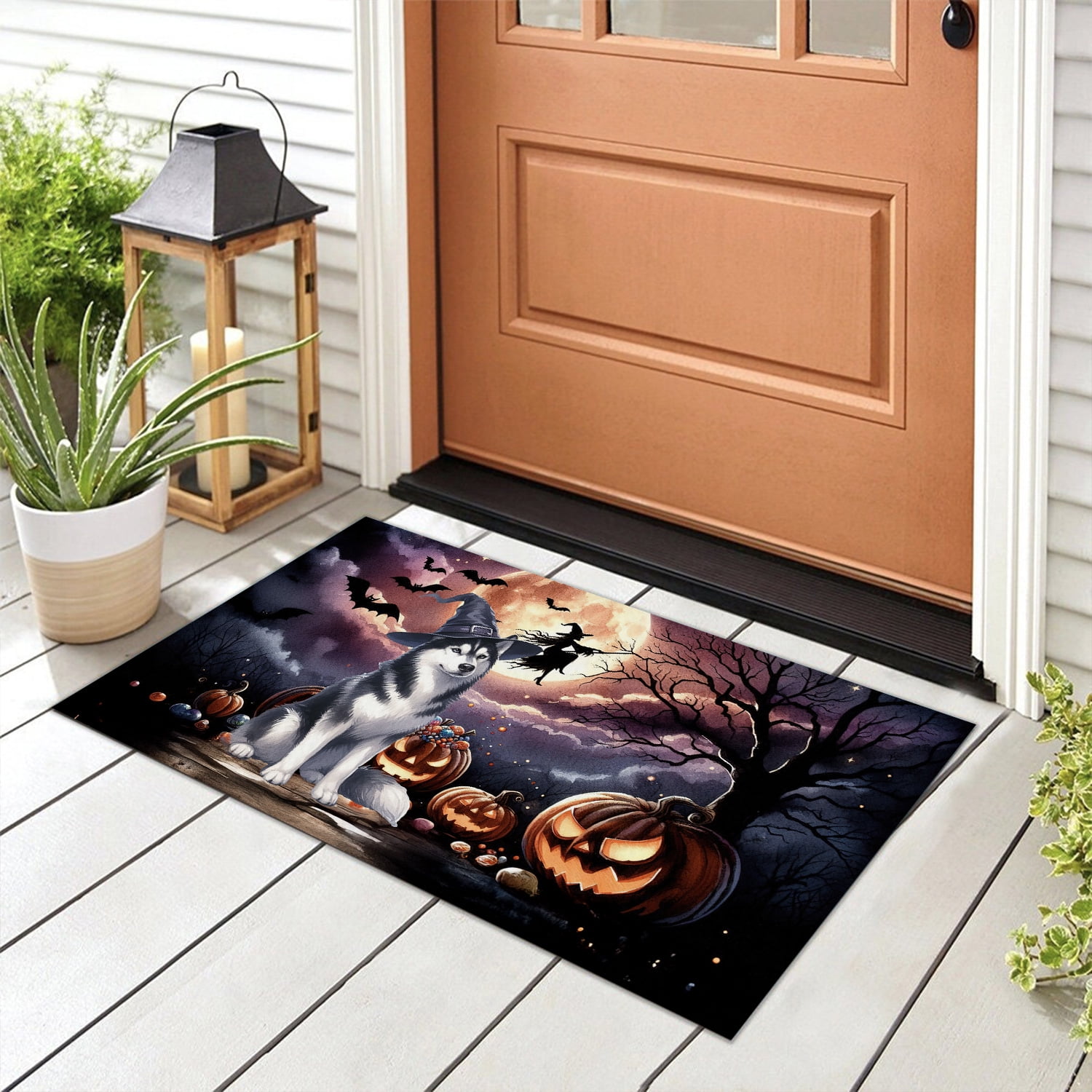 Spooky Halloween Night Witch Siberian Husky Glowing Pumpkins Doormat Husky Dog Lover Gifts Indoor Outdoor Welcome Mat - 12015