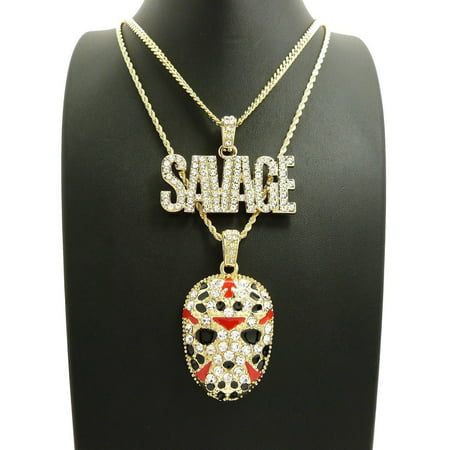 ICED OUT HIP HOP SAVAGE & SLAUGHTER GANG MASK PENDANT & CHAINS 2 NECKLACE