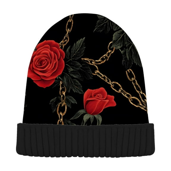 joogoo Rose with Chain Beanie Hats Men Women Cuffed Skull Cap Winter Warm Knit Thick Beanies