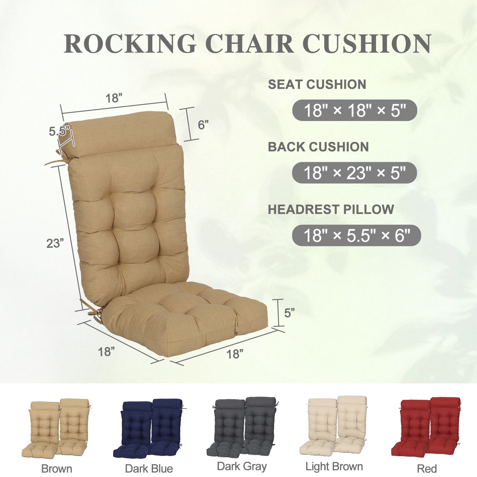 BPS Outdoor Patio Rocking Chair Cushion, Waterproof Fade-Resistant High Back Cushions, Tufted Pads with Ties, Set of 2, Brown