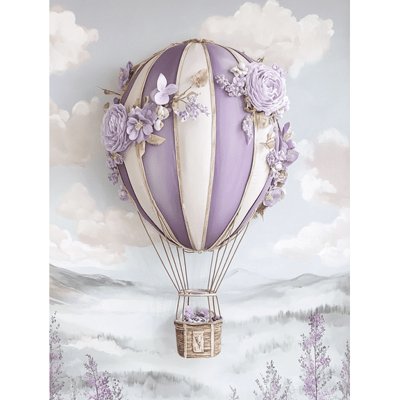 Lavender Hot Air Balloon Wall Art/Canvas Print, Suitable for Living Room, Bedroom, Nursery, Girl's Room, and Wedding Decoration.