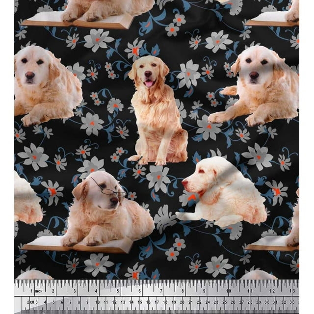 Soimoi Cotton Duck Fabric Floral,Book & Golden Retriever Dog Decor Fabric Printed Yard 56 Inch Wide