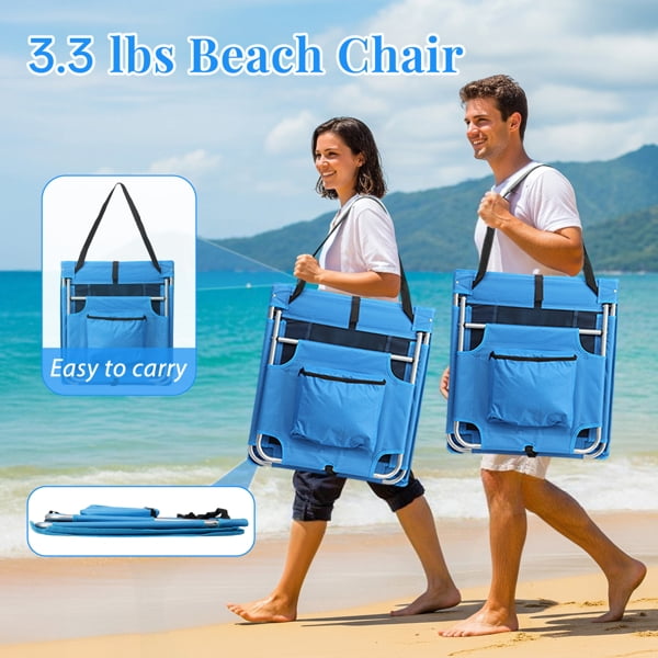 Foldable Beach Lounger, Lightweight Beach Mat Lounge Chair with Breathable Mesh Back, Cooler Pocket for Tanning Relaxing, Blue