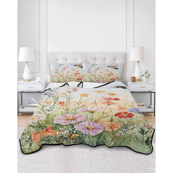 Quilts Twin Size, Spring Floral Soft Comforter Bedding Set for Bed, Hummingbird Summer Botanical Watercolor Lightweight Quilted Bedspread with Pillow Cover(2 Pieces) for All Season, 68x86 Inch