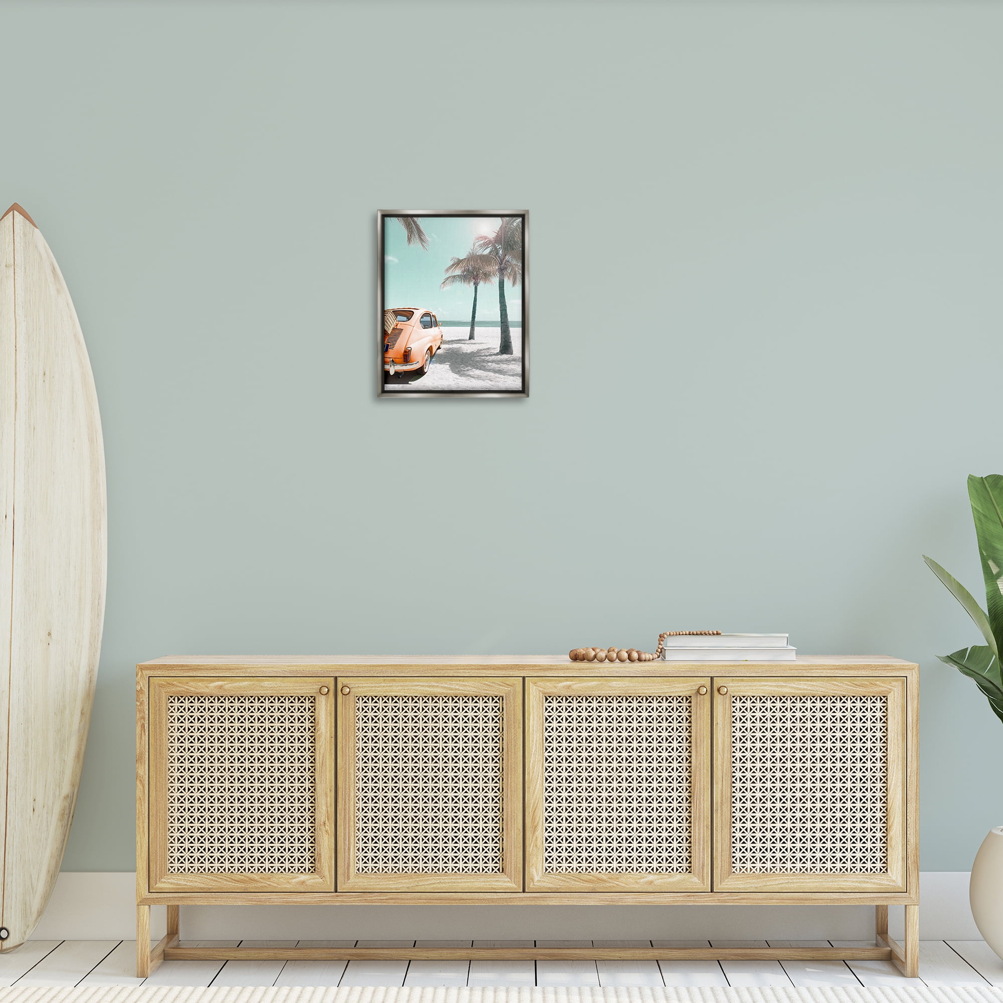 Stupell Industries Orange Car on Beach Coastal Painting Gray Floater Framed Canvas Art Print Wall Art, 17 x 21