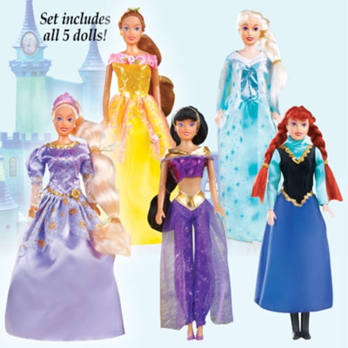 Girls Set of 5 Princess Dolls Play Toy Gift Set Bundle, 11 1/4" H Each