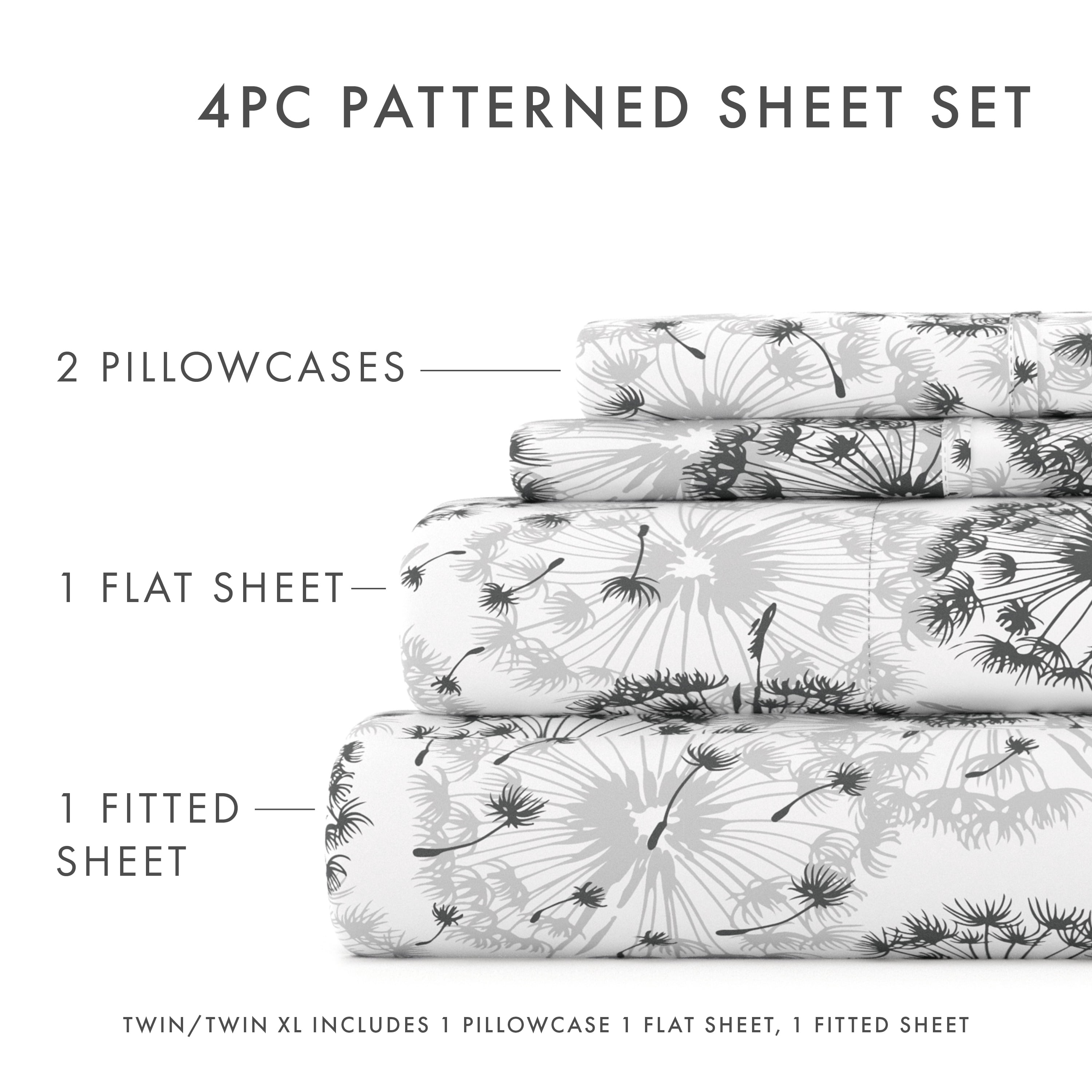Noble Linens 4 Piece Pattern Microfiber Bed Sheets Set, Light Gray Make a Wish, King