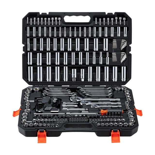 Juego de herramientas mecánicas VEVOR, kit de 253 piezas, con medidas de 1/4 pulg., 3/8 pulg. y 1/2 pulg., juego de vasos SAE y métricos, llaves, puntas de destornillador