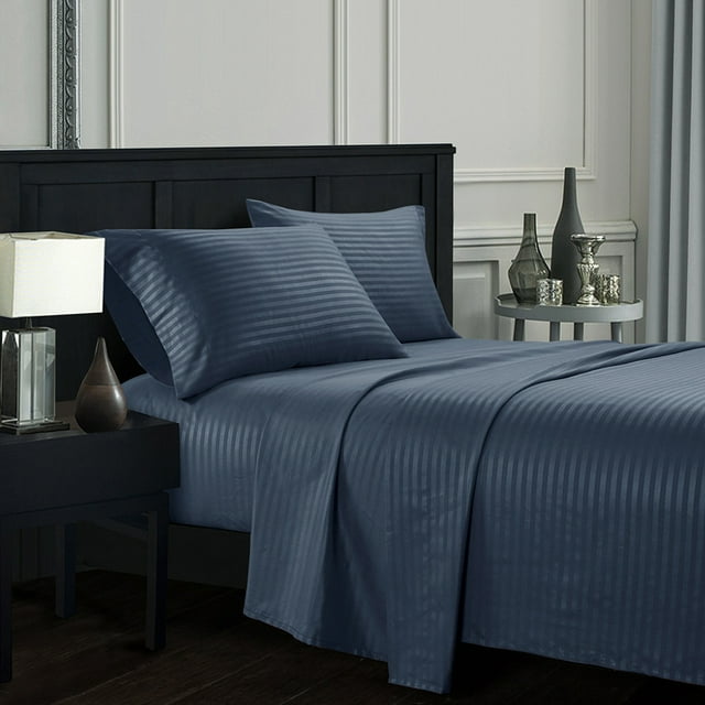 YYAO Ensemble de Draps Luxueux à Rayures Format Grand pour Maison et Hôtel, 4 Pcs, Gris Bleu