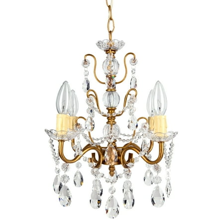 Amalfi Décor 4 Light Shabby Chic Crystal Plug-In Chandelier (Gold) | Wrought Iron Frame with Glass Crystals