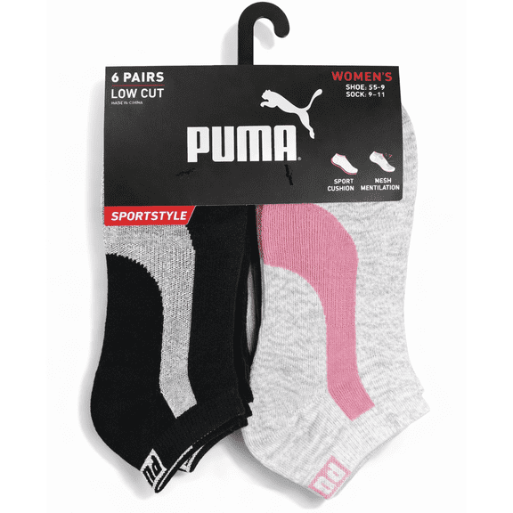 PUMA SOCKS WOMEN'S - LOW CUT 263 - PIPE BLACK PINK - SHOE SZ 5-9.5 - PACK 6
