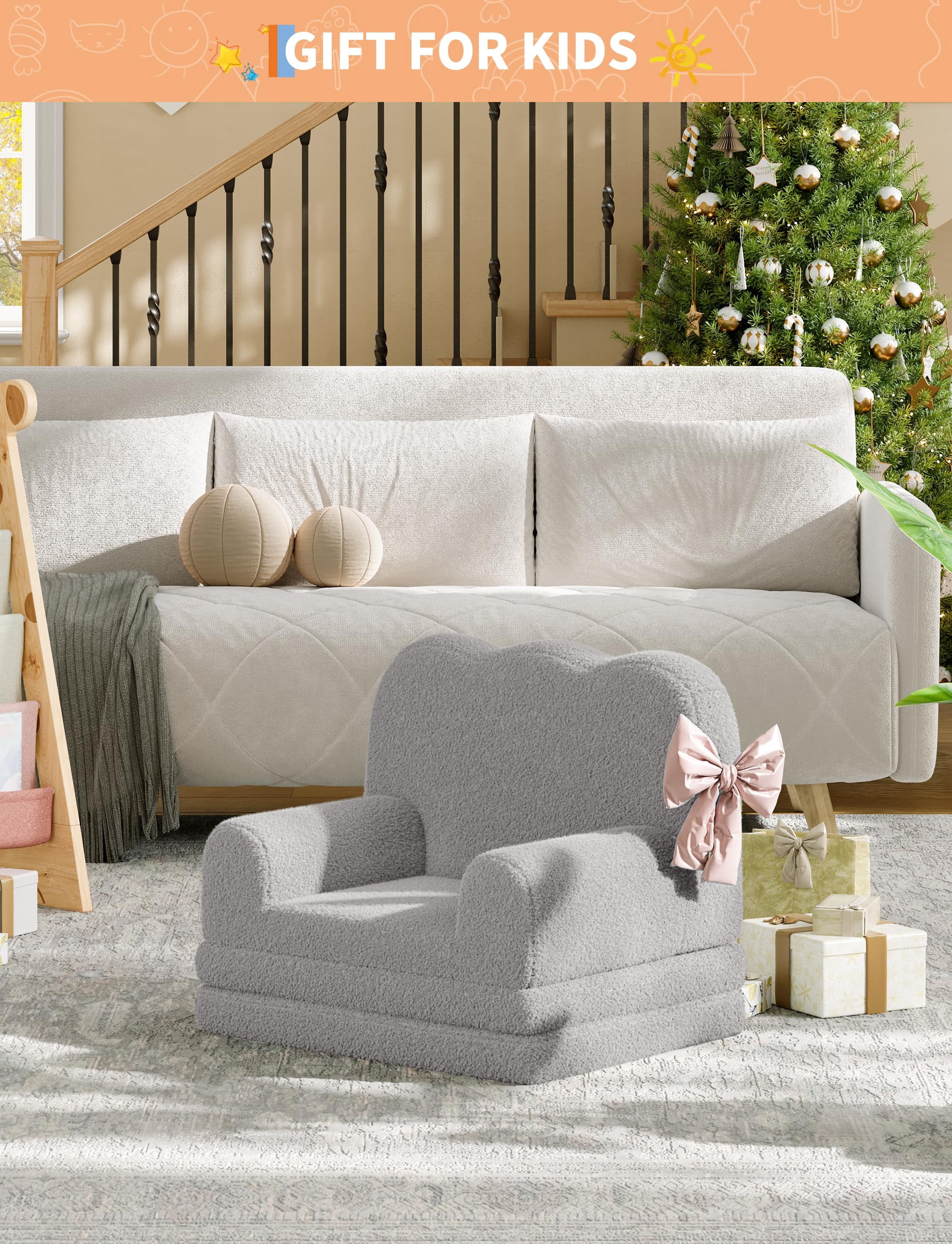 Kojooin Kids Couch, 2-in-1 Convertible Teddy Fleece Fabric Toddler Sofa Chair, Soft Fold Out Couch Lounger for Kids, Comfy Children's Sofa Bed for Playroom, Nursery, Birthday Gift