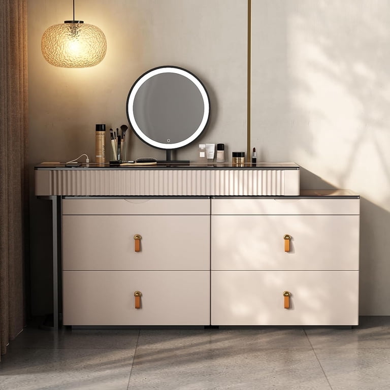 Lartis Makeup Vanity Table With Stool & LED Mirror - Gold Legs, 5 Drawers, Side Cabinet, Sensor Light, Easy Assembly Dressing Desk
