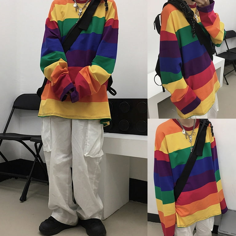 BOOYOU Women Long Sleeve O-Neck T Shirt Harajuku Rainbow
