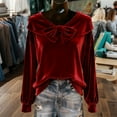 thumbnail image 2 of VKOYWKM Velvet Tops for Women Vintage Bow Neck Long Sleeve Shirts Fall Winter Vintage Solid Dressy Casual Blouses, 2 of 10