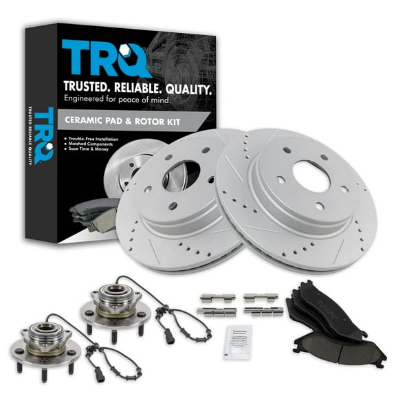 TRQ Front Performance Brake Pad & Rotor Kit Brake Pads Brake Rotors Set Wheel Hub Bearing Assembly Ceramic Premium G-Coated Fits Select 2003-2005 Dodge Ram 1500