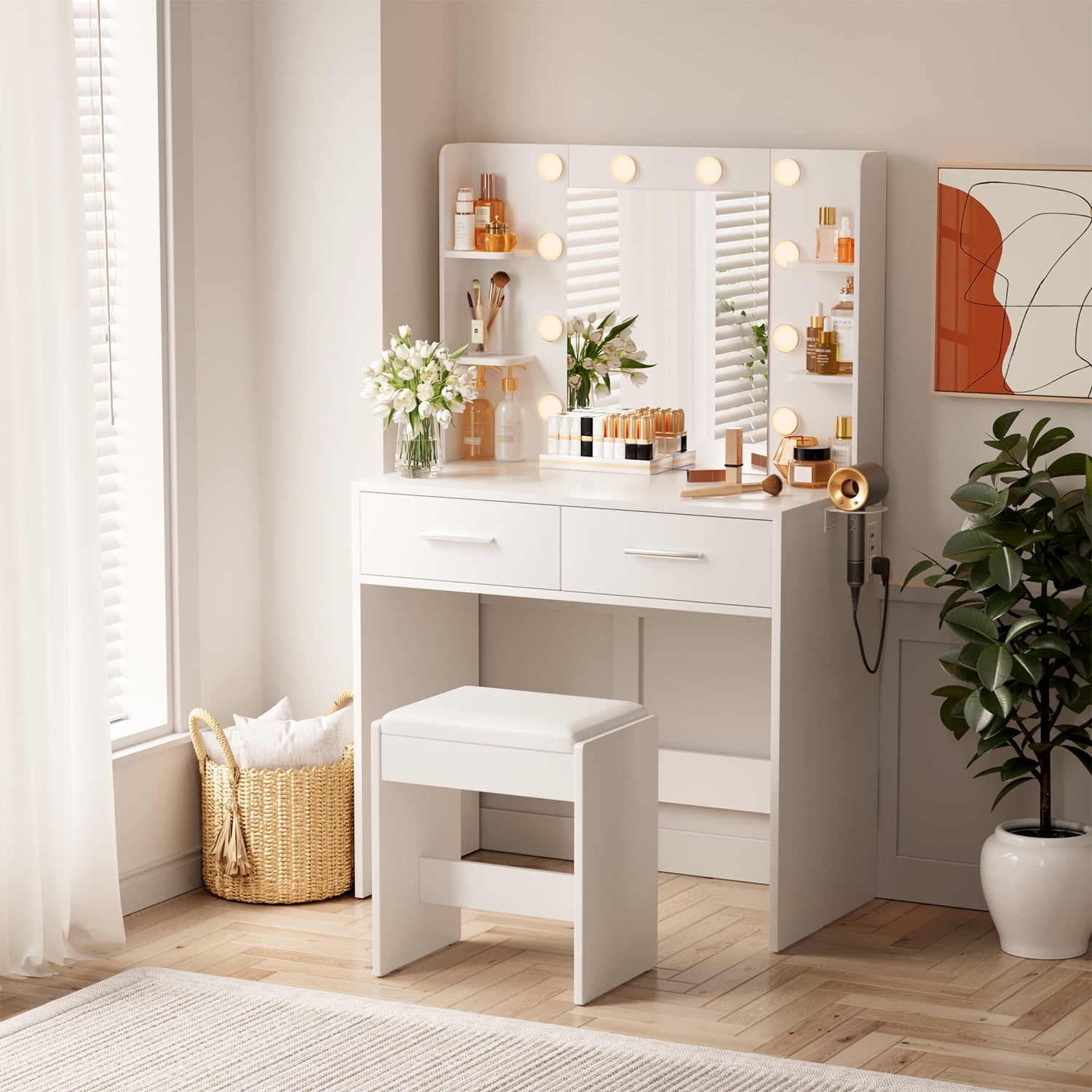 Vineego Makeup Vanity Desk with Lighted Mirror & Power Outlet, Makeup Vanity with stool,White