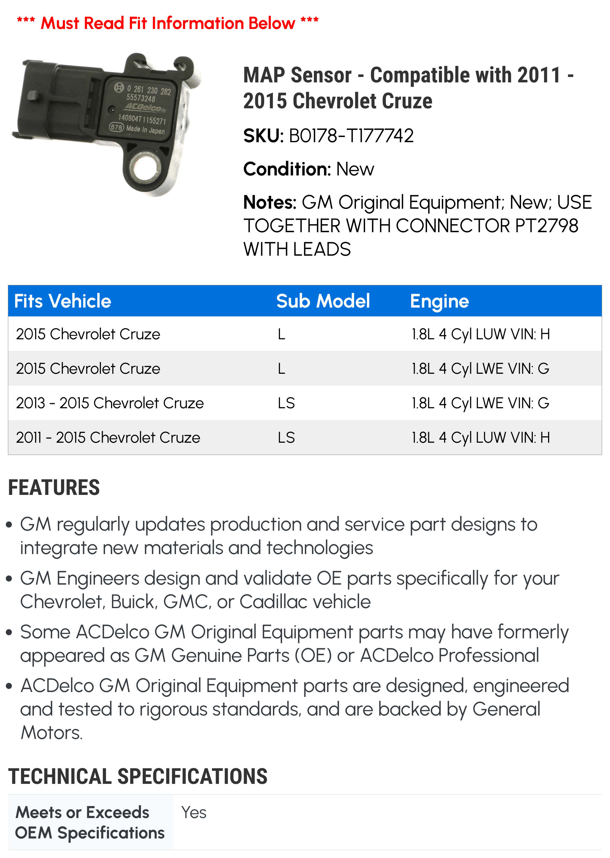 MAP Sensor - Compatible with 2011 - 2015 Chevy Cruze 2012 2013 2014