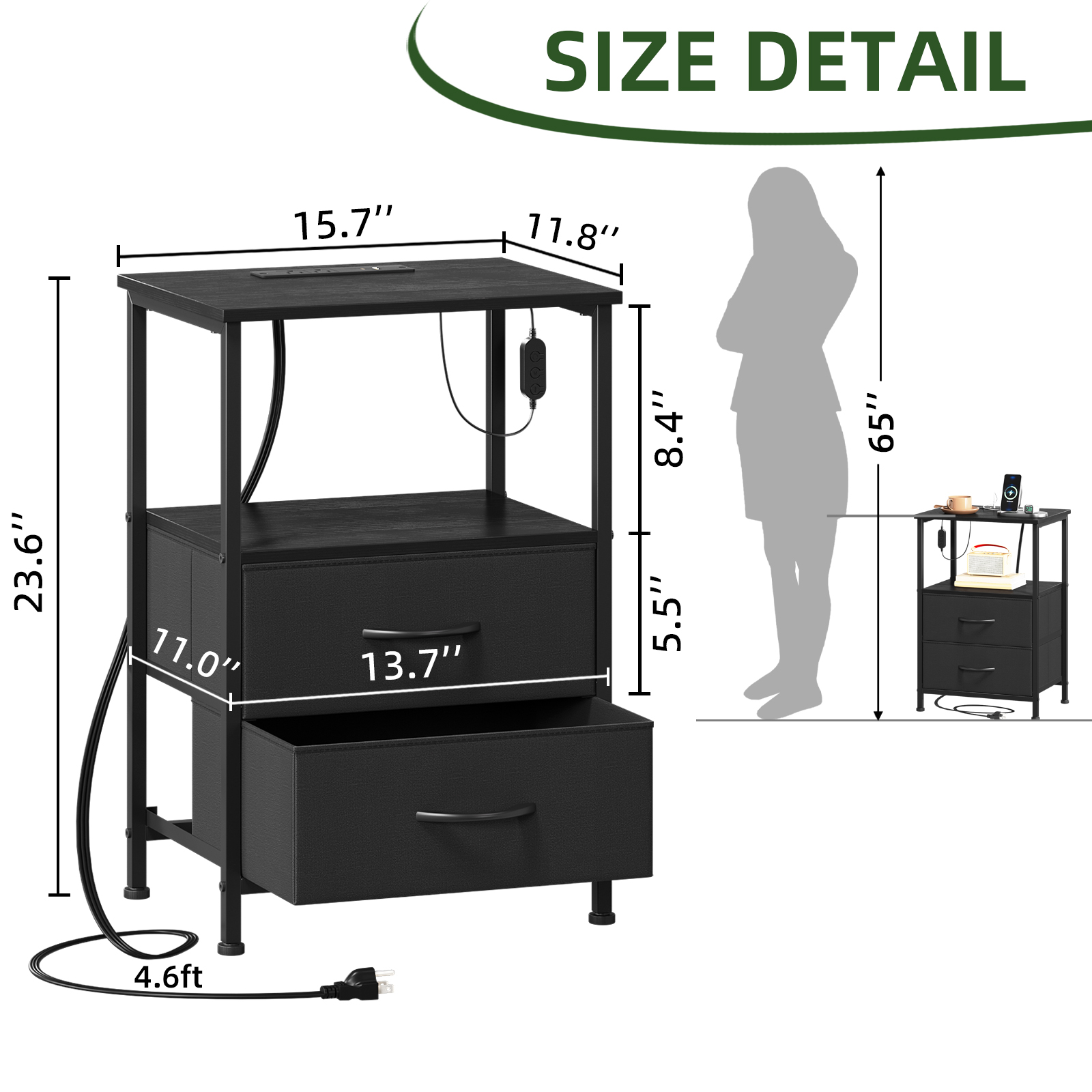 Eunos 2-Drawer Nightstand With Charging Station and LED photo 3