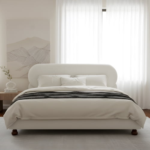King Size Bouclé Upholstered Bed with Rubber Wood Legs, Cream-Colored Platform Bed with Gourd-Shaped Legs and 800 lbs Capacity for Bedroom, White