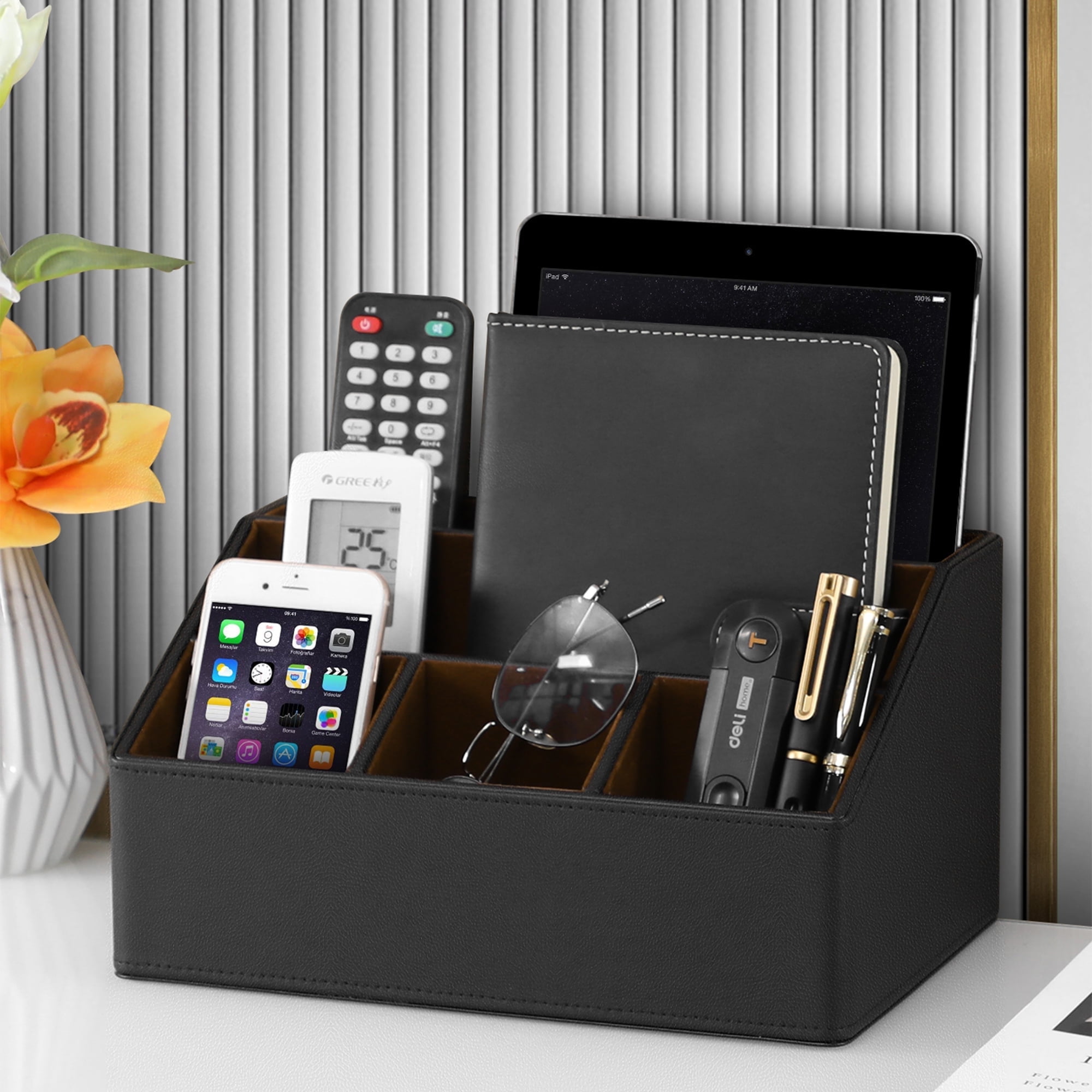 MEIBOOCH PU Leather Desk Organizer, Luxury Remote Control Holder for Home, Office Desk Accessories Table Caddy Bedside Nightstand Organizer (Black)