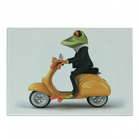 

Animal Cutting Board Serious Italian Frog Riding Motorcycle Fun Nature Graphic Urban Art Decorative Tempered Glass Cutting and Serving Board Small Size Green Black Orange by Ambesonne