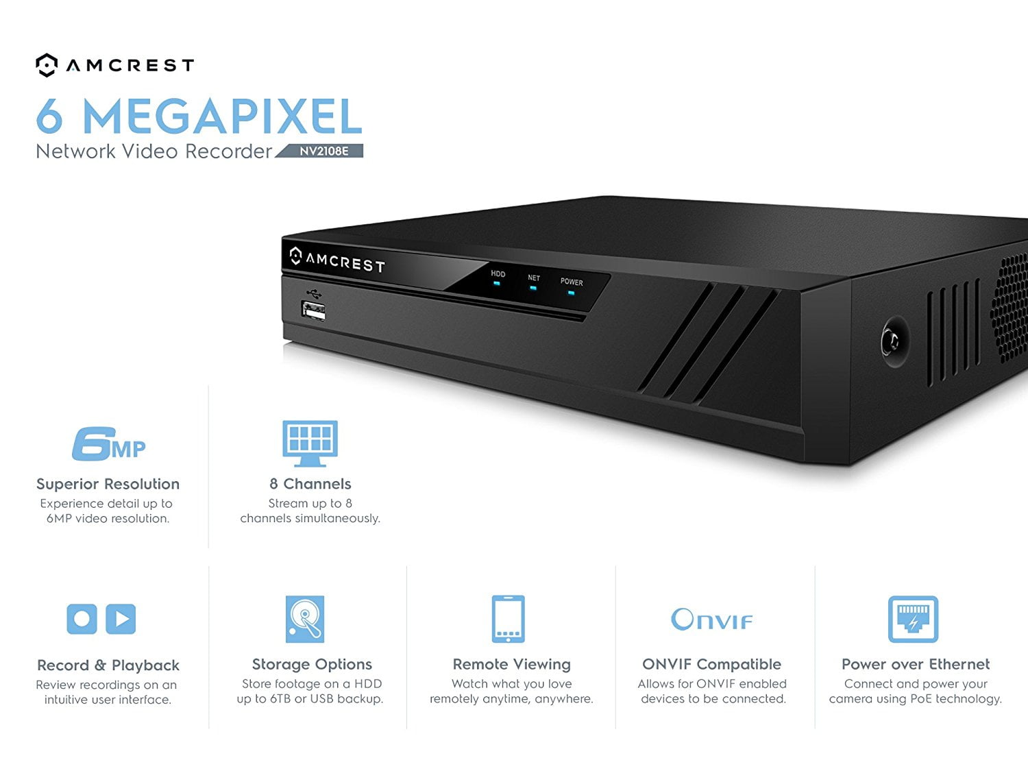Pre-Installed 1TB Hard Drive, No Built-in WiFi NV2108-1TB Supports up to 8 x 4K IP Cameras Amcrest NV2108-HS 8CH 1080P//3MP//4MP//5MP//6MP//4K Network Video Recorder