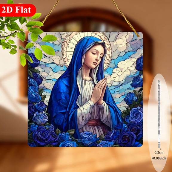 1pc Virgin Mary Stained glass effectpattern, Art Panel with Blue Roses, Religious Catholic Prayer Home Decor for Living Room Bedroom Window, Spiritual Gift for Family Friends