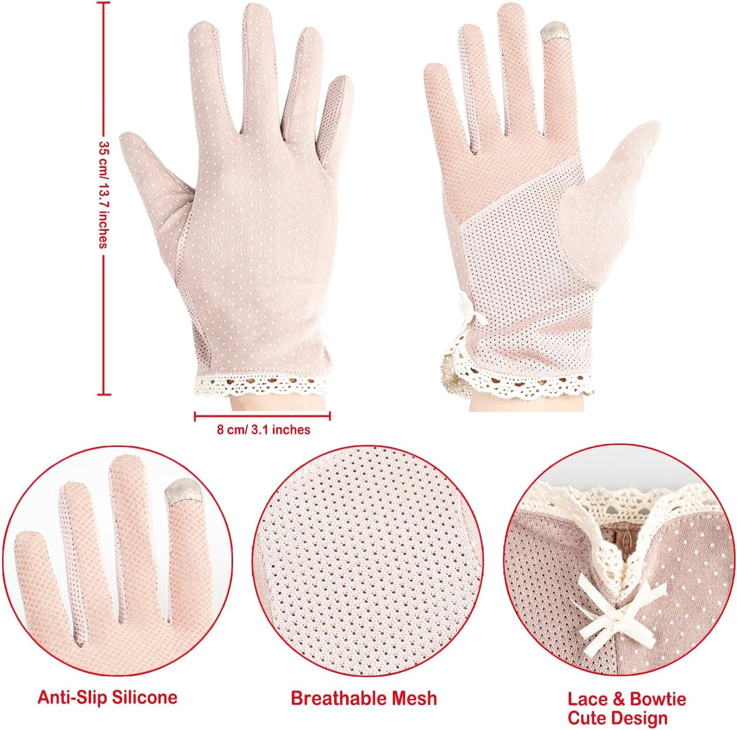 Zhengup Women's Lace Gloves for Outdoor Activities 4 Pairs- Sun Protection,UV Resistant Breathable Cotton,Ideal for Summer, Driving, Golf, and Biking