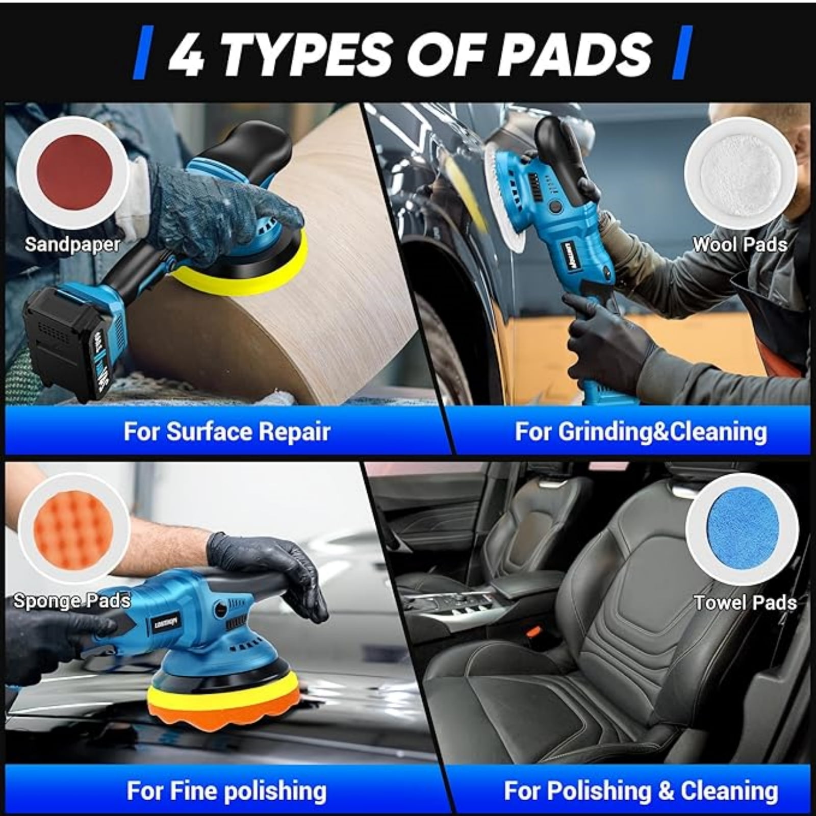 Gewna 24V Cordless Car Polisher, 2x2.0Ah Batteries, 6-Speed Variable Speed Control, 5-Inch Random Orbital Buffer Waxer Kit for Car Detailing & Polishing